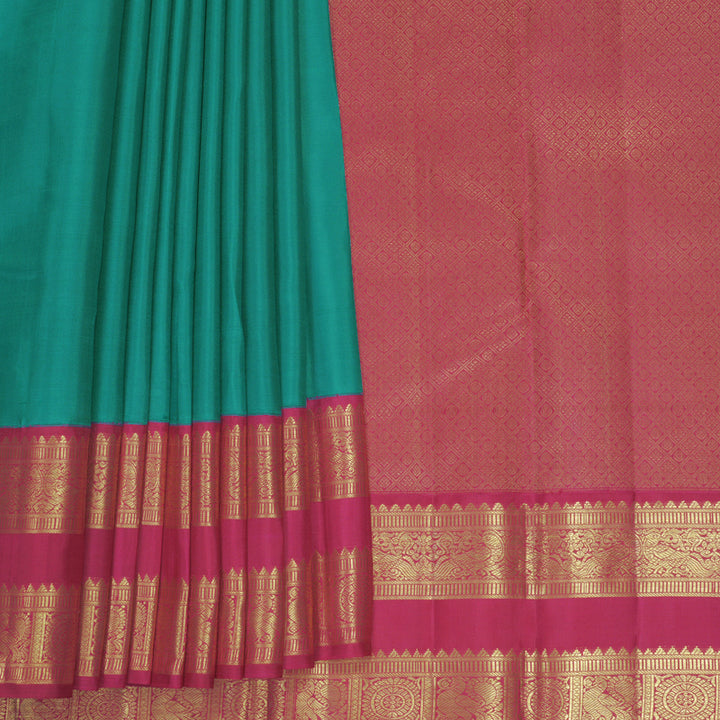 Hayagrivas Handloom Teal Green Kanjivaram Silk Saree with Magenta-Pink Border KBF922H2-2