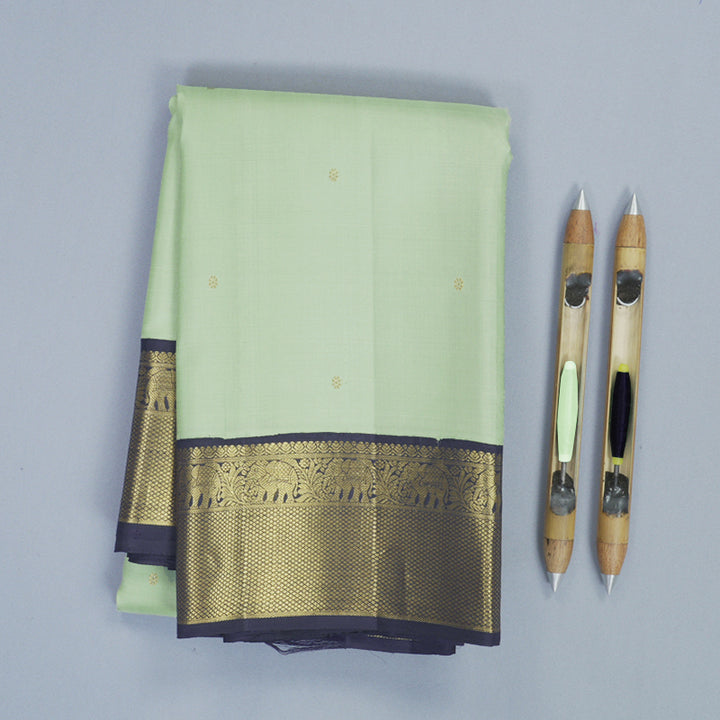 Hayagrivas Handloom Pastel Green Kanjivaram Silk Saree with Deep Jamun Border KBF923H2-1