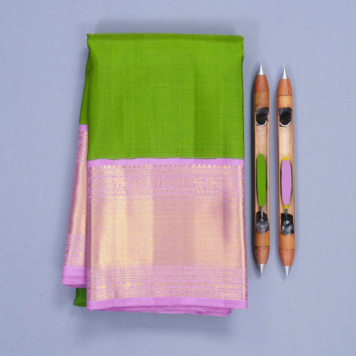 Hayagrivas Handloom Leaf Green Kanjivaram Silk Saree with Lavender Border KBF923H3-2