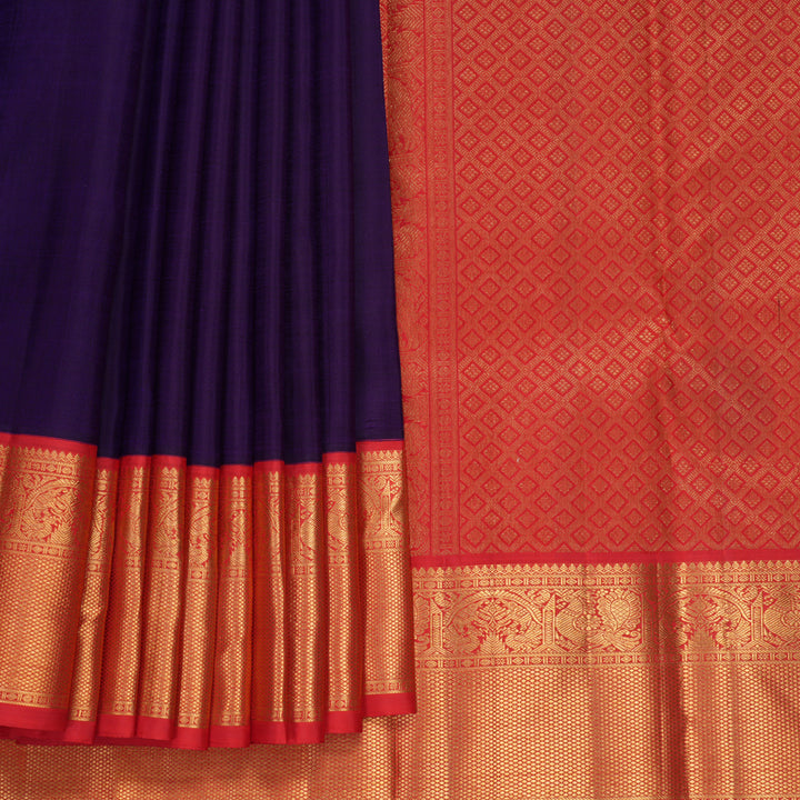 Hayagrivas Handloom Ink Blue Kanjivaram Silk Saree with Red Border KBF923H3-4