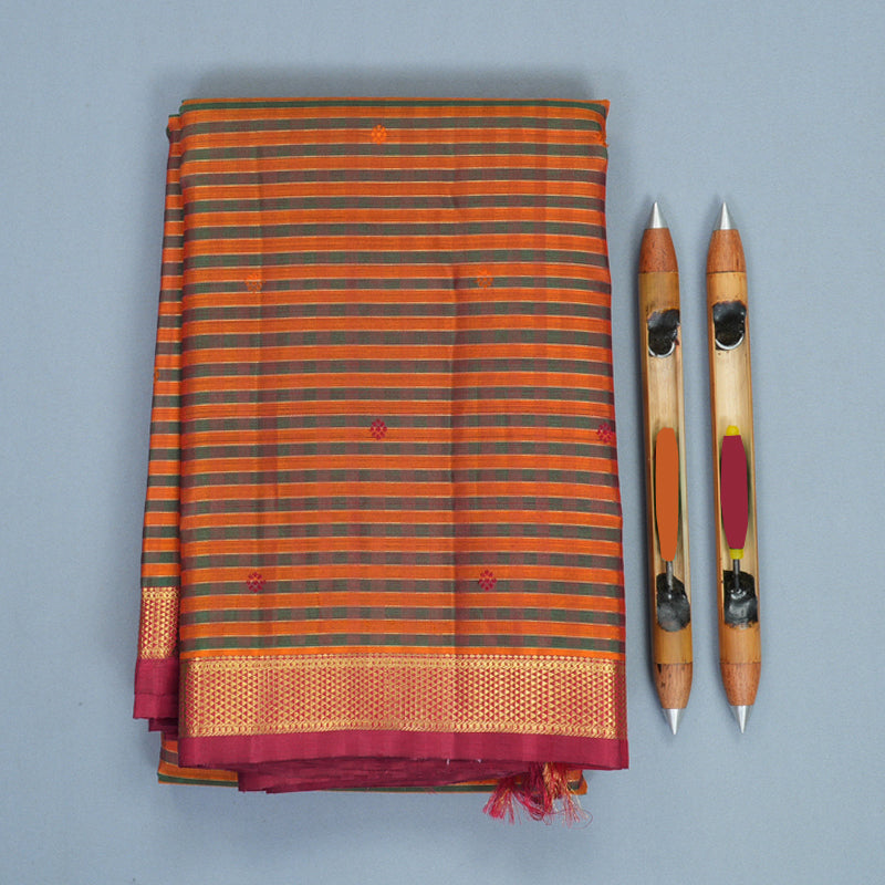 Hayagrivas Handloom Manthalir &amp; Orange Stripes Kanjivaram Silk Saree with Maroon Border KBF929I10-1