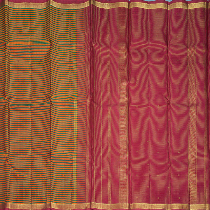 Hayagrivas Handloom Manthalir &amp; Orange Stripes Kanjivaram Silk Saree with Maroon Border KBF929I10-1