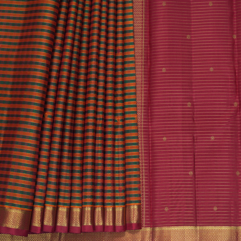Hayagrivas Handloom Manthalir &amp; Orange Stripes Kanjivaram Silk Saree with Maroon Border KBF929I10-1