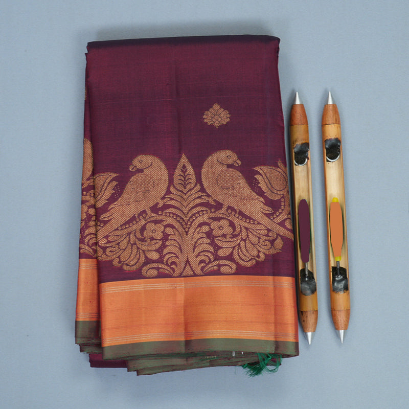 Hayagrivas Handloom Wine Maroon Kanjivaram Silk Saree with Rust Orange Border KBF929I7-1