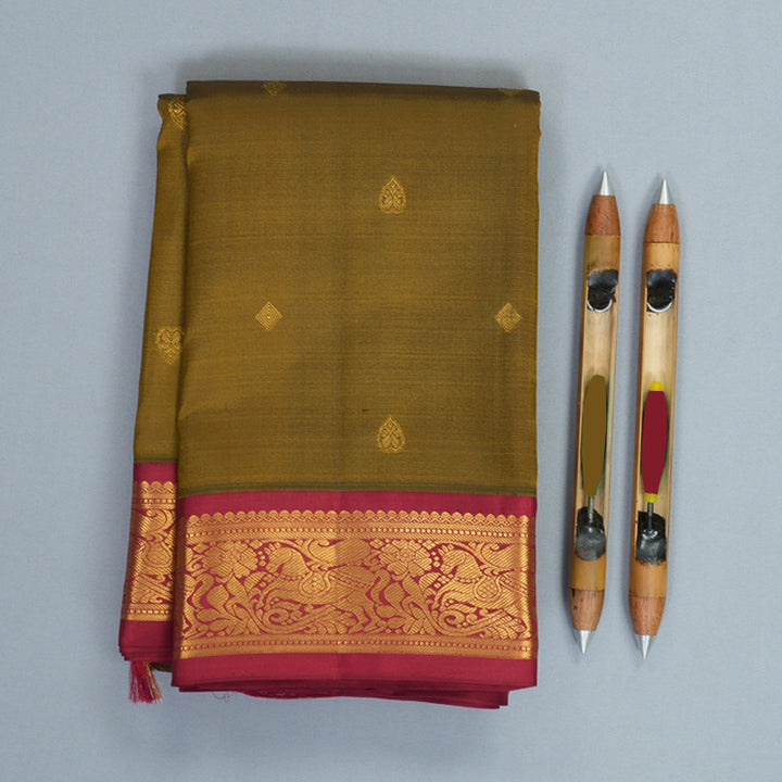 Hayagrivas Handloom Deep Oil Mustard Kanjivaram Silk Saree with Maroon Border KBF933I3-1