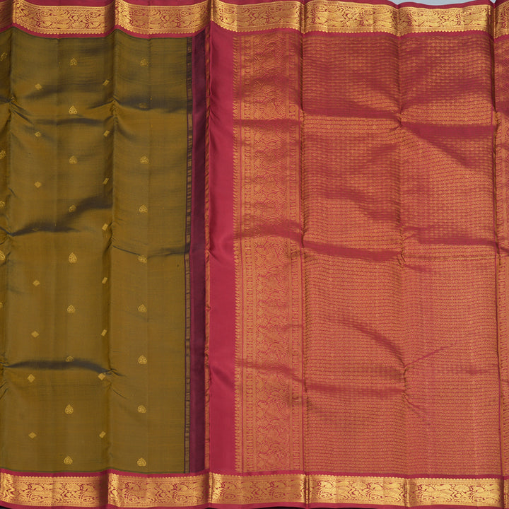 Hayagrivas Handloom Deep Oil Mustard Kanjivaram Silk Saree with Maroon Border KBF933I3-1