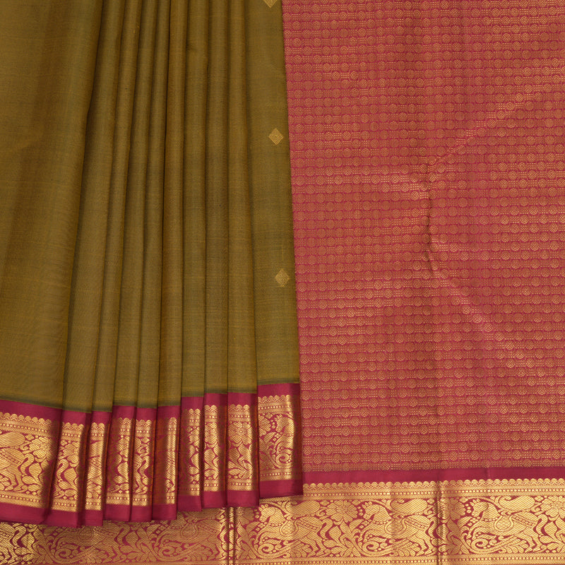 Hayagrivas Handloom Deep Oil Mustard Kanjivaram Silk Saree with Maroon Border KBF933I3-1