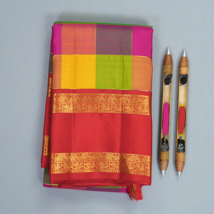 Hayagrivas Handloom Multicolour Checks Kanjivaram Silk Saree with Red Border KBF935I7-1