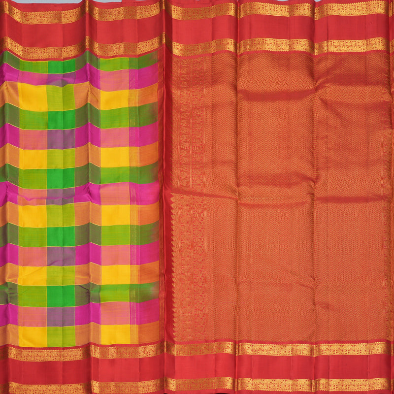 Hayagrivas Handloom Multicolour Checks Kanjivaram Silk Saree with Red Border KBF935I7-1