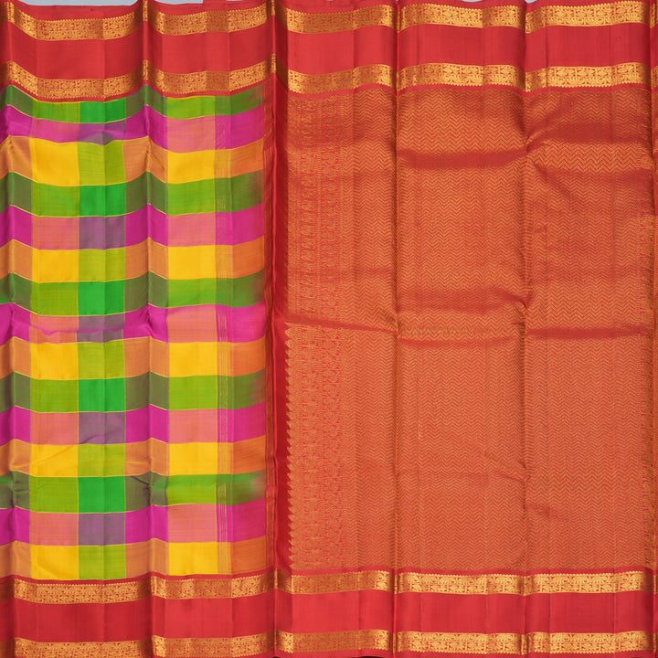 Hayagrivas Handloom Multicolour Checks Kanjivaram Silk Saree with Red Border KBF935I7-1