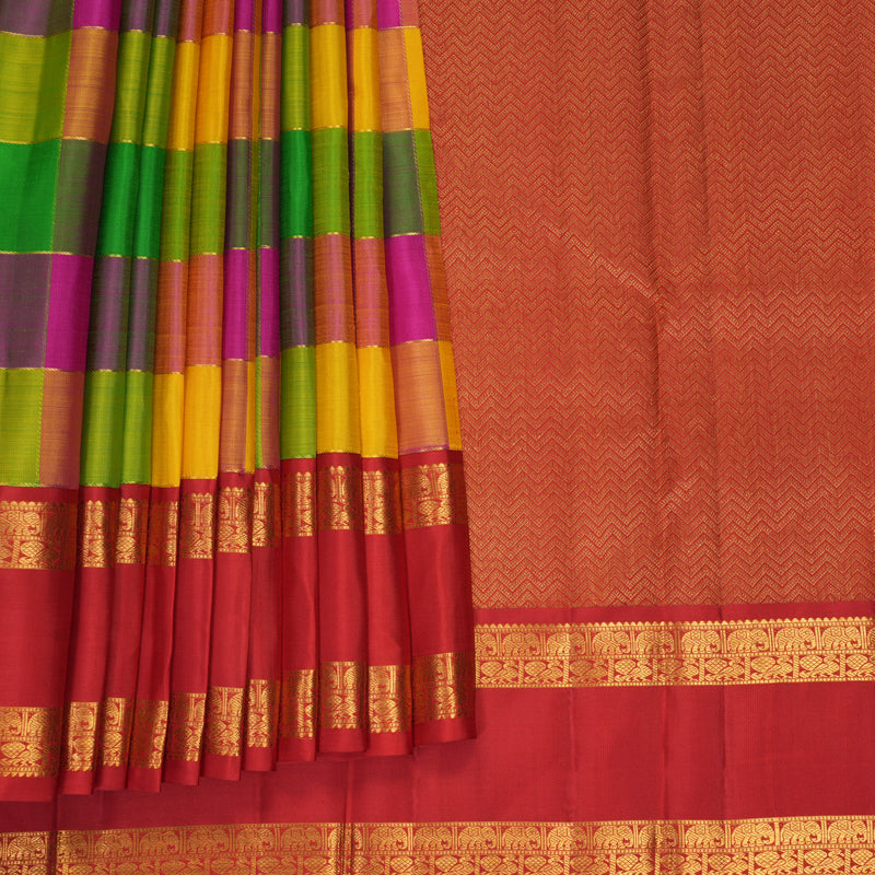 Hayagrivas Handloom Multicolour Checks Kanjivaram Silk Saree with Red Border KBF935I7-1