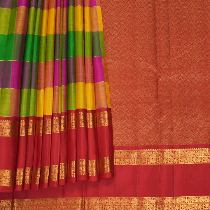 Hayagrivas Handloom Multicolour Checks Kanjivaram Silk Saree with Red Border KBF935I7-1