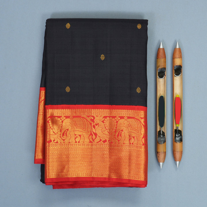 Hayagrivas Handloom Black Kanjivaram Silk Saree with Red Border KBF936I1-2