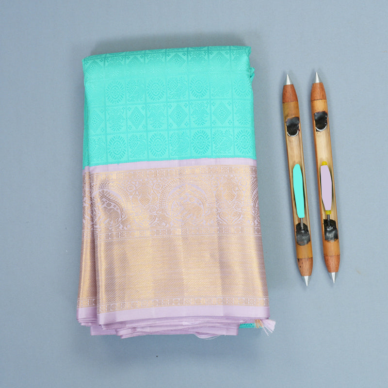 Hayagrivas Handloom Bright Teal Kanjivaram Silk Saree with Lilac Border KBF936I4-1
