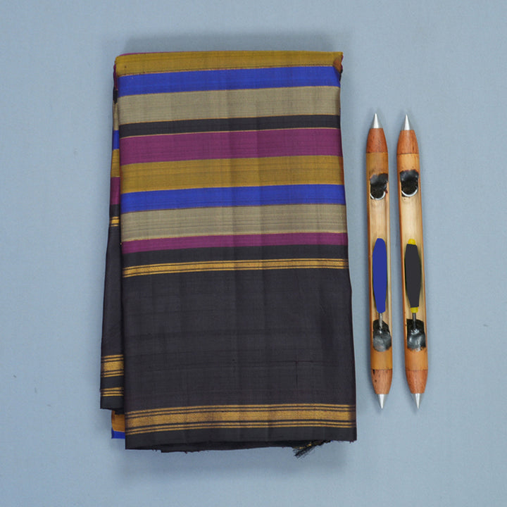 Hayagrivas Handloom Multicolour Stripes Kanjivaram Silk Saree with Deep Jamun Border KBF937I2-1