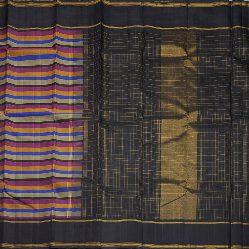Hayagrivas Handloom Multicolour Stripes Kanjivaram Silk Saree with Deep Jamun Border KBF937I2-1