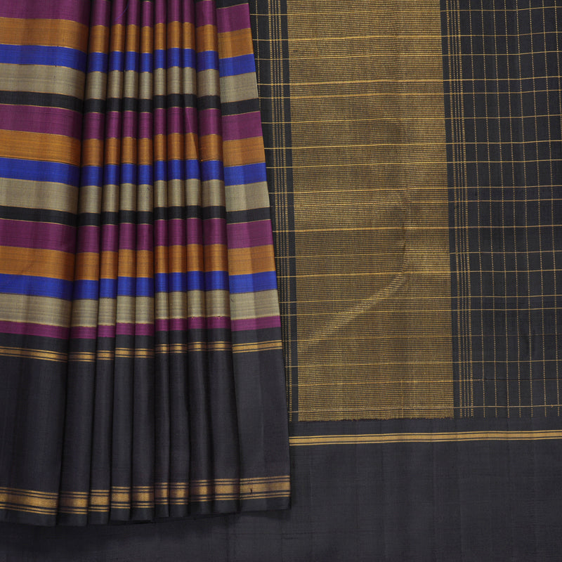 Hayagrivas Handloom Multicolour Stripes Kanjivaram Silk Saree with Deep Jamun Border KBF937I2-1