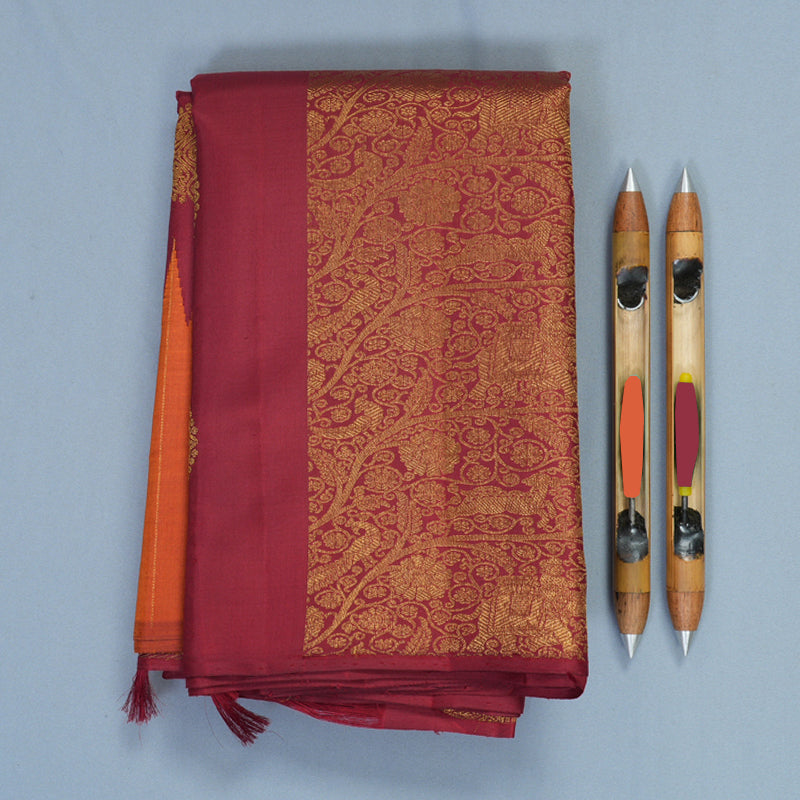 Hayagrivas Handloom Rust Orange Kanjivaram Silk Saree with Maroon Border KBF938I3-1