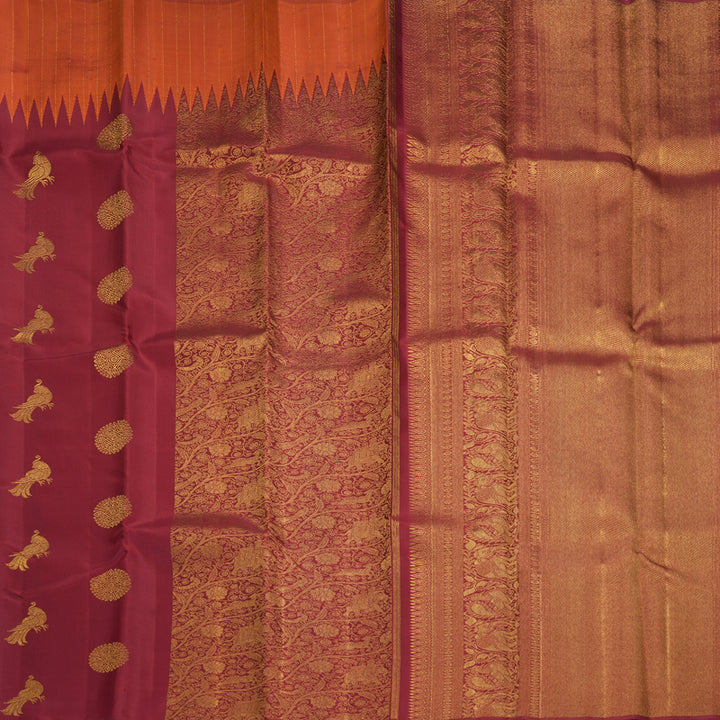 Hayagrivas Handloom Rust Orange Kanjivaram Silk Saree with Maroon Border KBF938I3-1