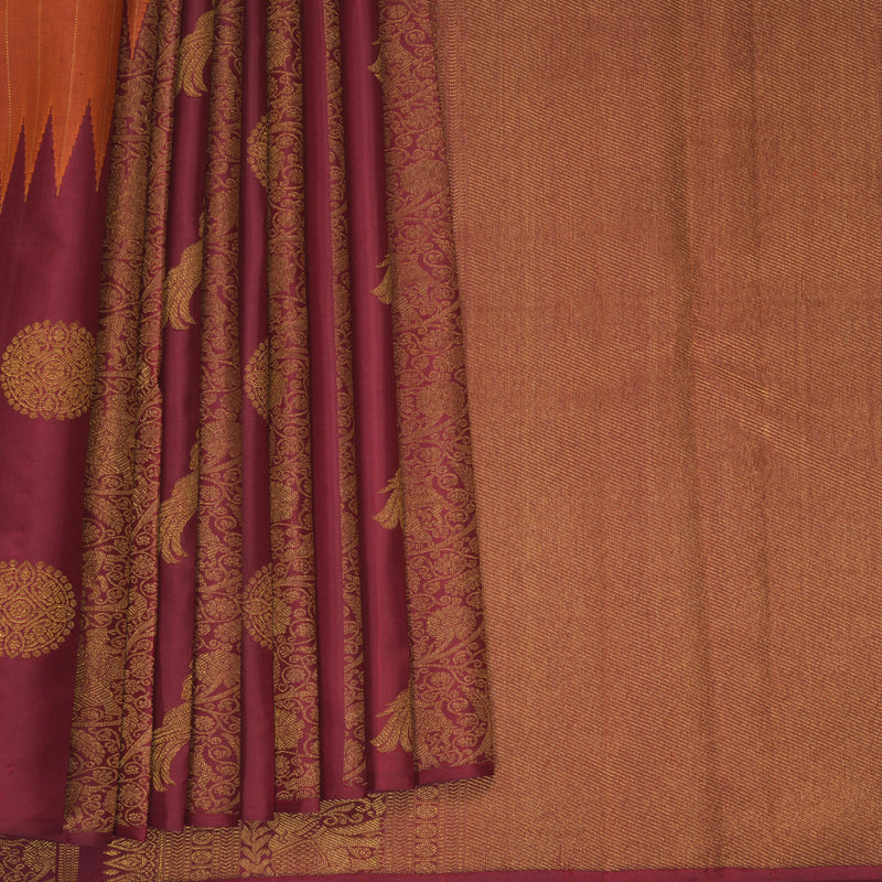 Hayagrivas Handloom Rust Orange Kanjivaram Silk Saree with Maroon Border KBF938I3-1