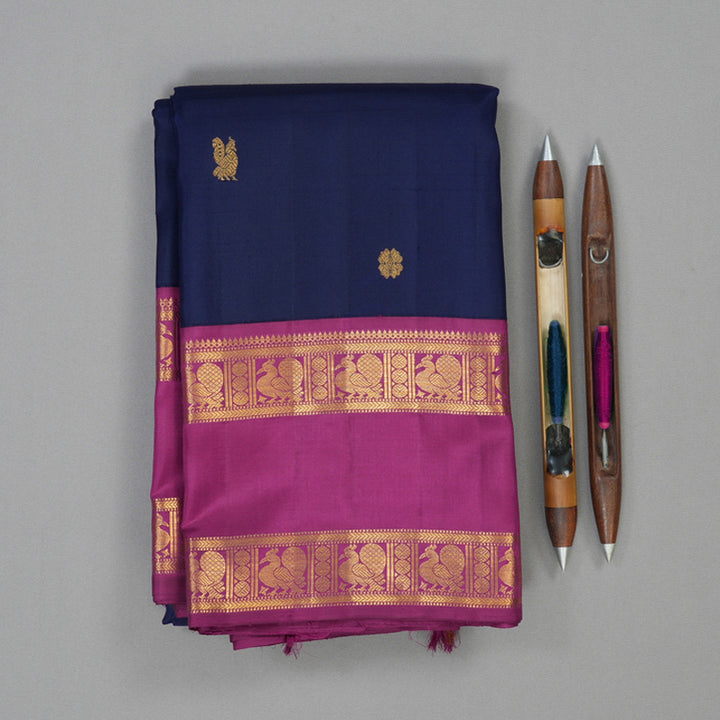 Hayagrivas Handloom Navy Blue Kanjivaram Silk Saree with Purple Border KBF93D1-2