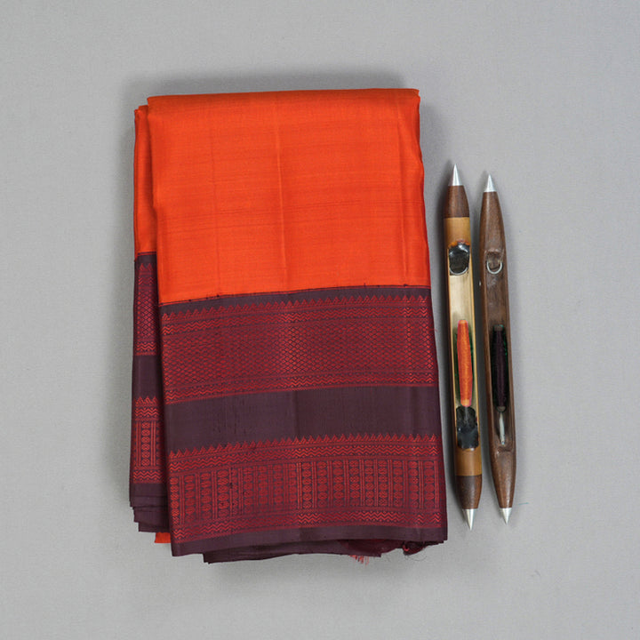 Hayagrivas Handloom Reddish-Orange Kanjivaram Silk Saree with Burgundy Border KBF93D2-1