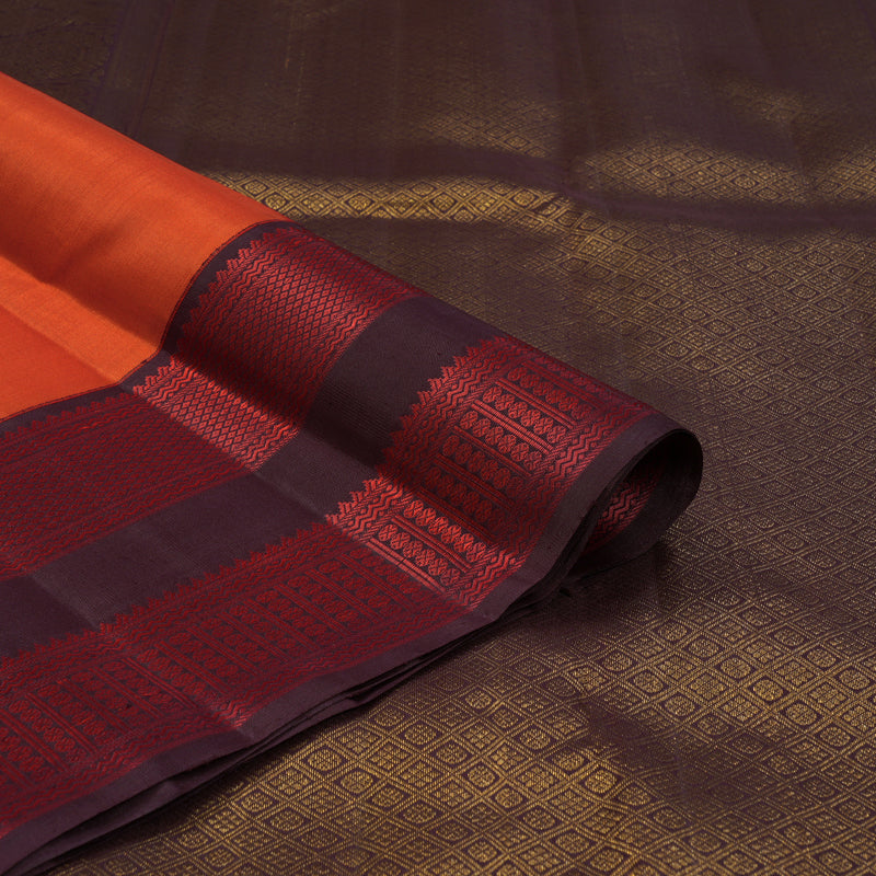 Hayagrivas Handloom Reddish-Orange Kanjivaram Silk Saree with Burgundy Border KBF93D2-1