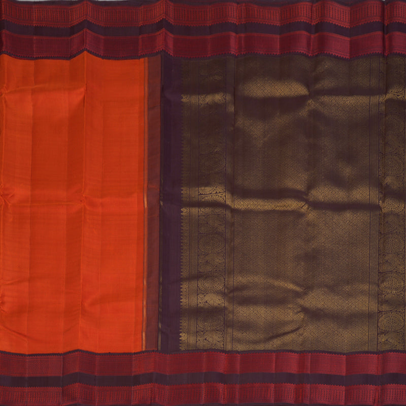 Hayagrivas Handloom Reddish-Orange Kanjivaram Silk Saree with Burgundy Border KBF93D2-1
