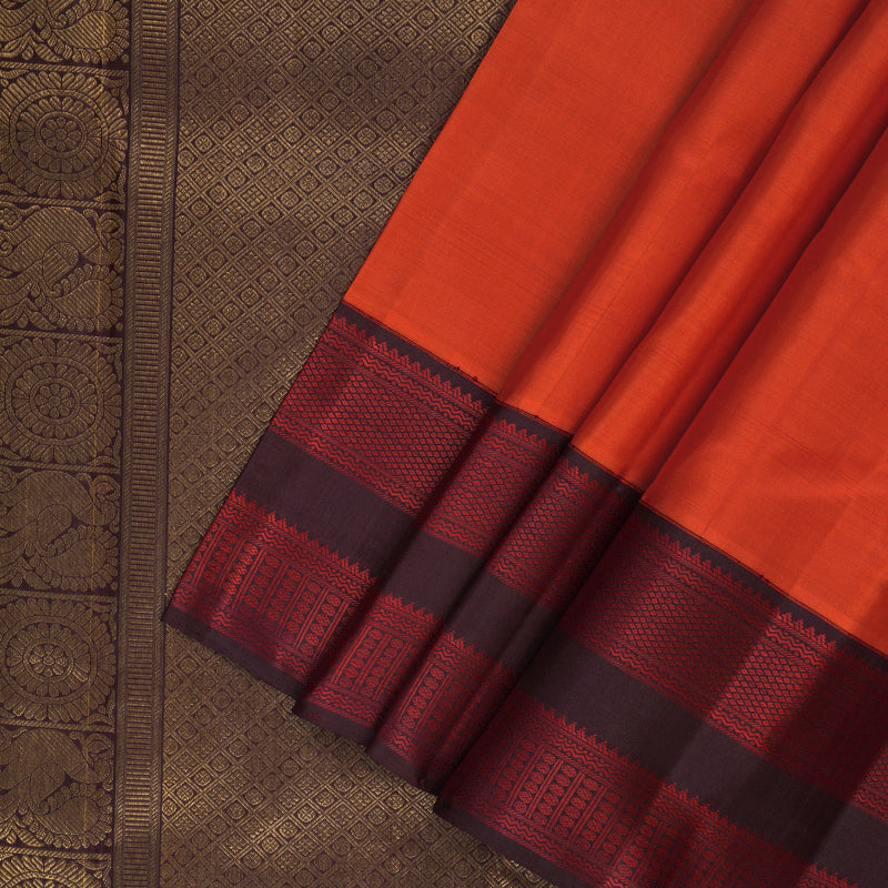 Hayagrivas Handloom Reddish-Orange Kanjivaram Silk Saree with Burgundy Border KBF93D2-1