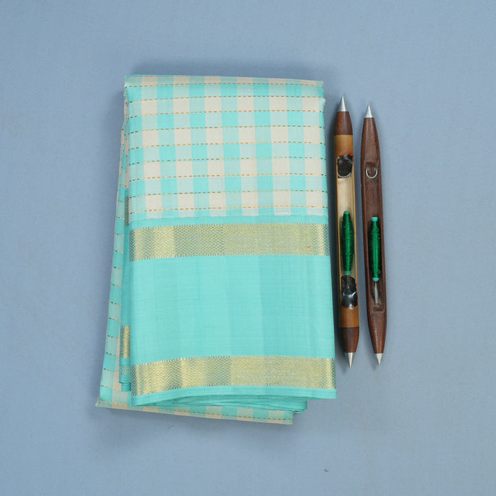 Hayagrivas Handloom Powder Blue & Cream Checks Kanjivaram Silk Saree KBF93D5-1