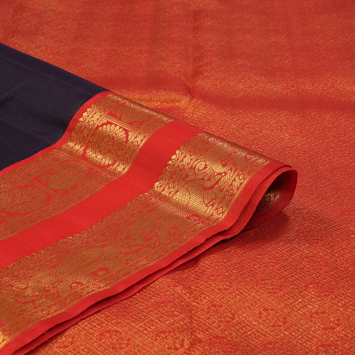 Hayagrivas Handloom Karum Neelam Kanjivaram Silk Saree with Red Border KBF94D2-2