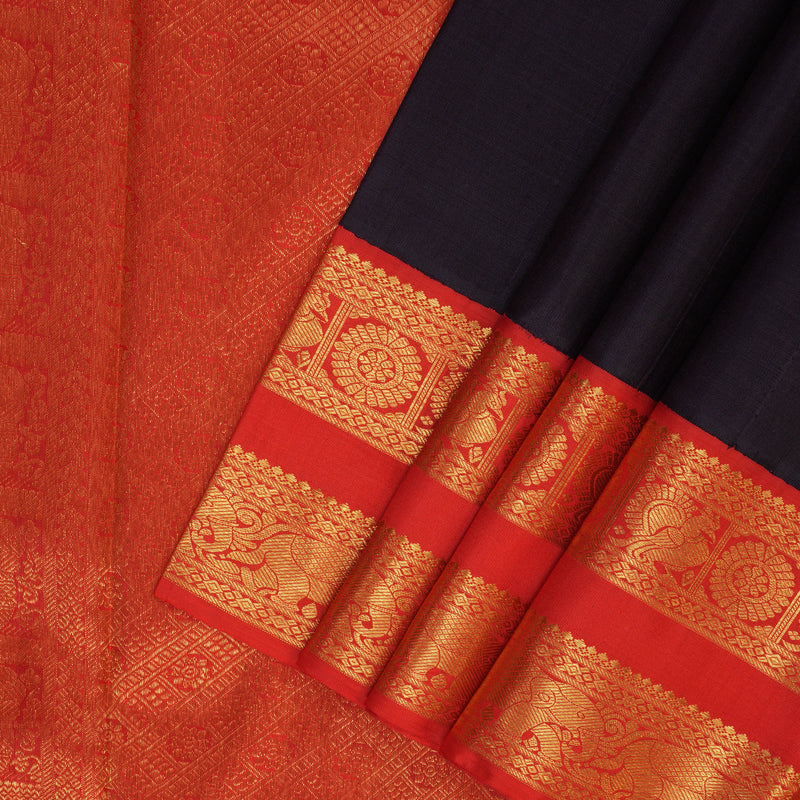 Hayagrivas Handloom Karum Neelam Kanjivaram Silk Saree with Red Border KBF94D2-2