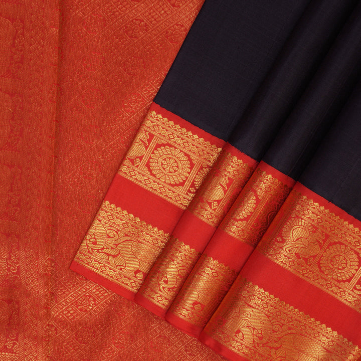 Hayagrivas Handloom Karum Neelam Kanjivaram Silk Saree with Red Border KBF94D2-2