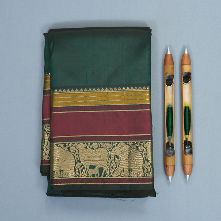 Hayagrivas Handloom Bottle Green Kanjivaram Silk Saree with Maroon Border KBF950I7-1