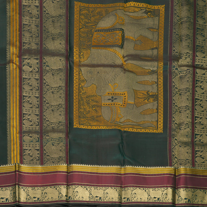 Hayagrivas Handloom Bottle Green Kanjivaram Silk Saree with Maroon Border KBF950I7-1