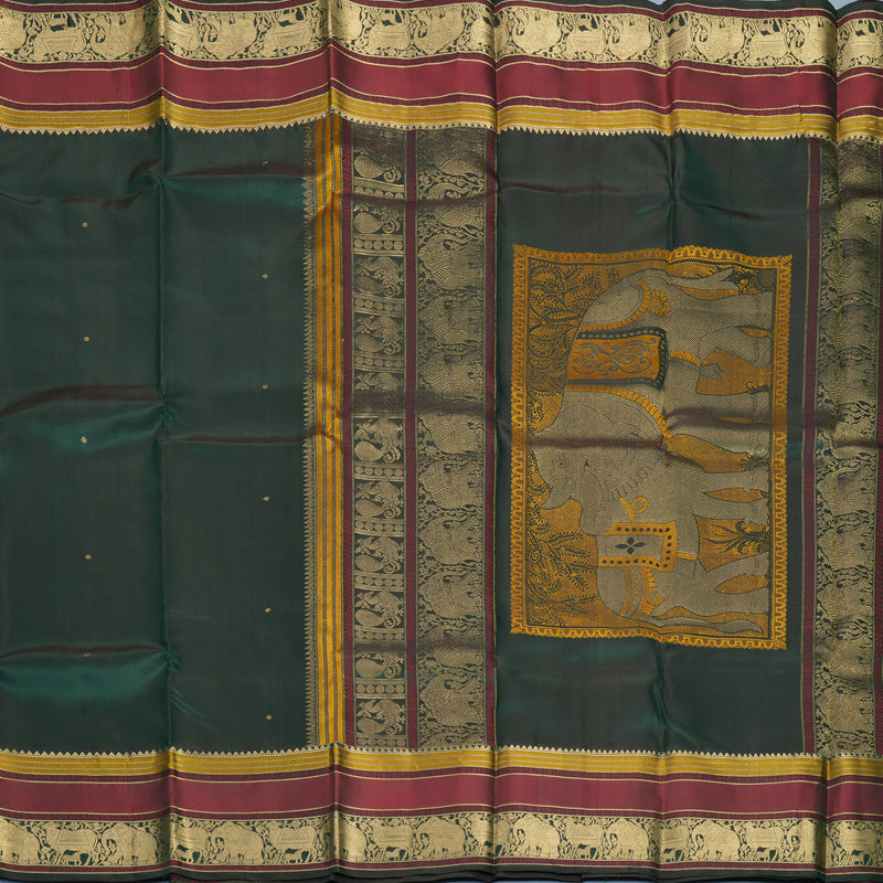 Hayagrivas Handloom Bottle Green Kanjivaram Silk Saree with Maroon Border KBF950I7-1