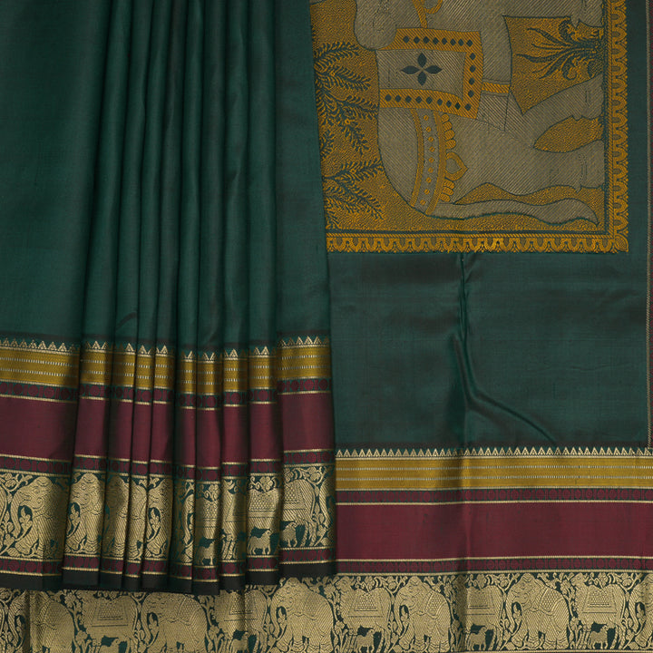 Hayagrivas Handloom Bottle Green Kanjivaram Silk Saree with Maroon Border KBF950I7-1
