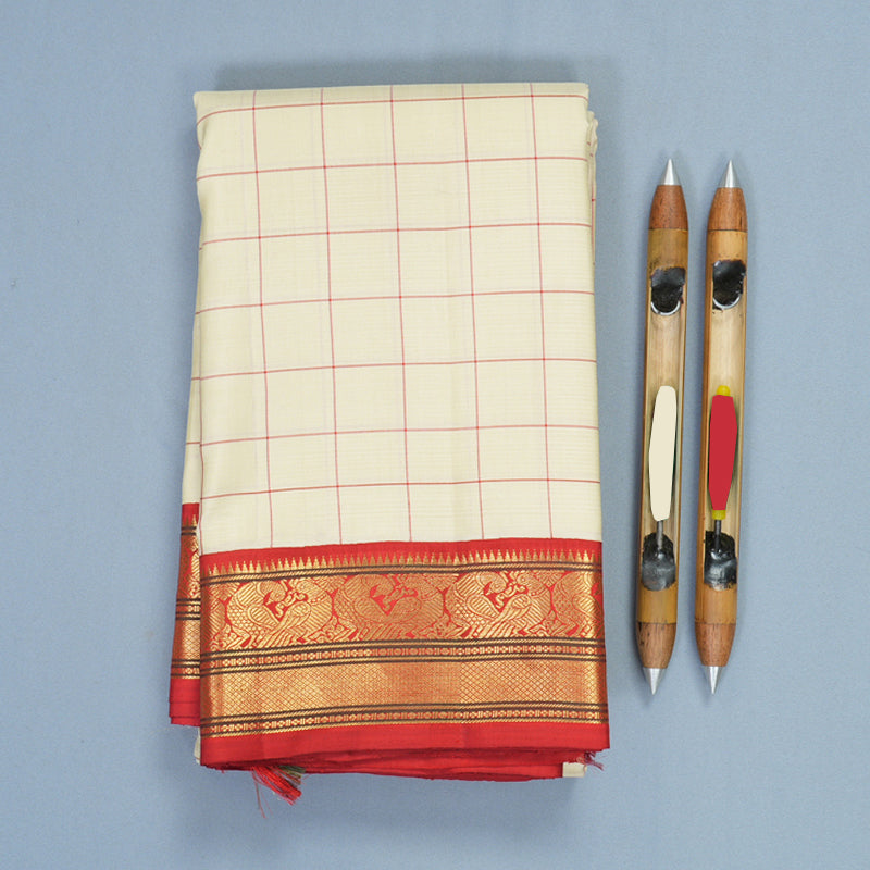Hayagrivas Handloom Half-White Kanjivaram Silk Saree with Red Border KBF959I11-1