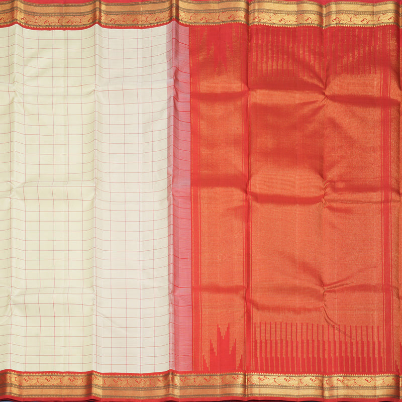 Hayagrivas Handloom Half-White Kanjivaram Silk Saree with Red Border KBF959I11-1