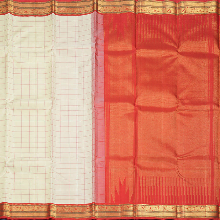 Hayagrivas Handloom Half-White Kanjivaram Silk Saree with Red Border KBF959I11-1