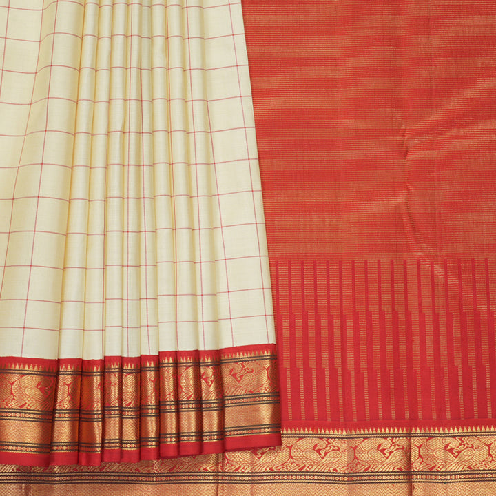 Hayagrivas Handloom Half-White Kanjivaram Silk Saree with Red Border KBF959I11-1