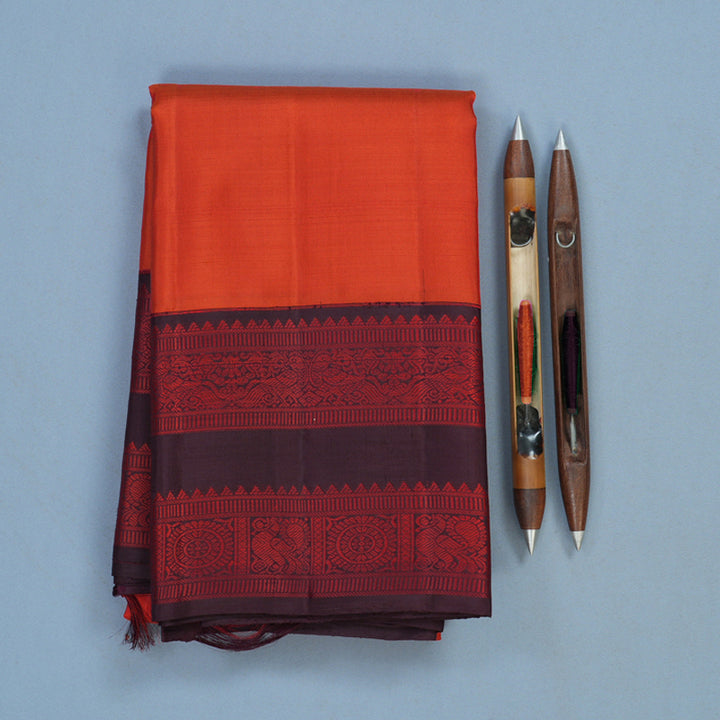 Hayagrivas Handloom Chilli Red Kanjivaram Silk Saree with Kanchana Brown Border KBF95D1-1