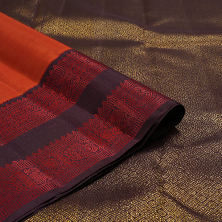 Hayagrivas Handloom Chilli Red Kanjivaram Silk Saree with Kanchana Brown Border KBF95D1-1