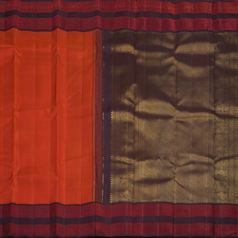 Hayagrivas Handloom Chilli Red Kanjivaram Silk Saree with Kanchana Brown Border KBF95D1-1