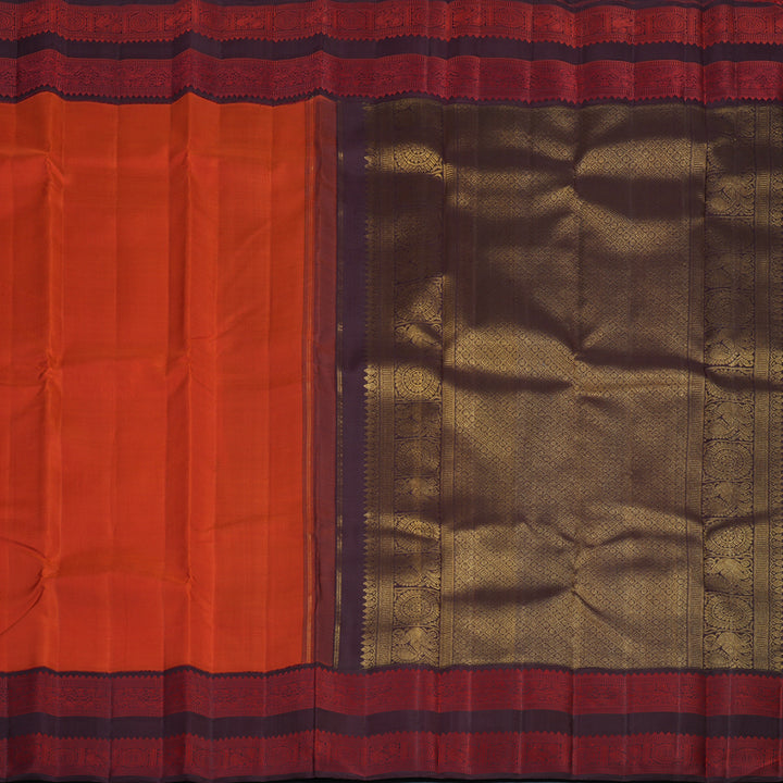 Hayagrivas Handloom Chilli Red Kanjivaram Silk Saree with Kanchana Brown Border KBF95D1-1