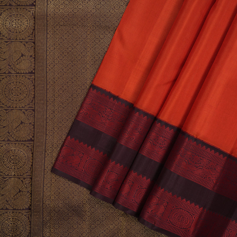Hayagrivas Handloom Chilli Red Kanjivaram Silk Saree with Kanchana Brown Border KBF95D1-1