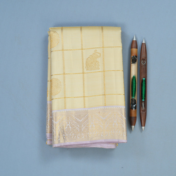 Hayagrivas Handloom Beige Kanjivaram Silk Saree with Lilac Border KBF95D4-1