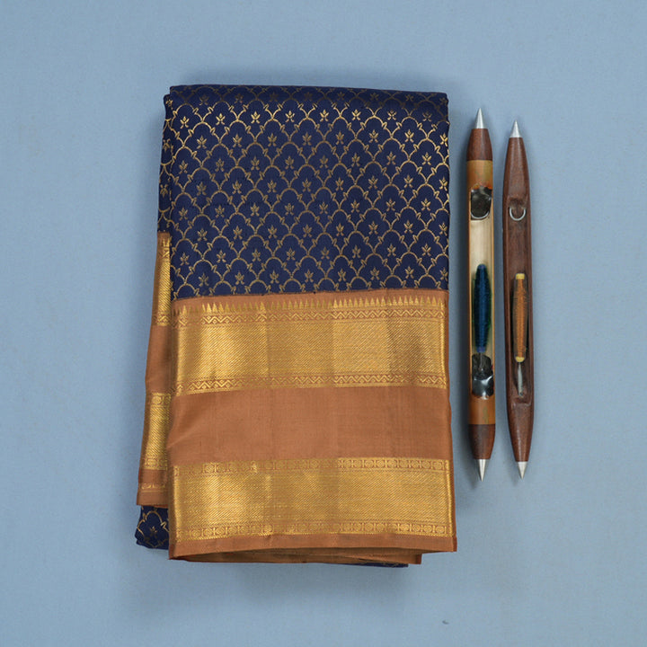 Hayagrivas Handloom Navy Blue Kanjivaram Silk Saree with Light Brown Border KBF119D3-1