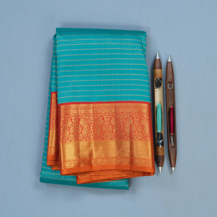 Hayagrivas Handloom Teal Kanjivaram Silk Saree with Red Border KBF95D6-3