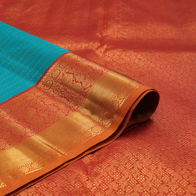Hayagrivas Handloom Teal Kanjivaram Silk Saree with Red Border KBF95D6-3